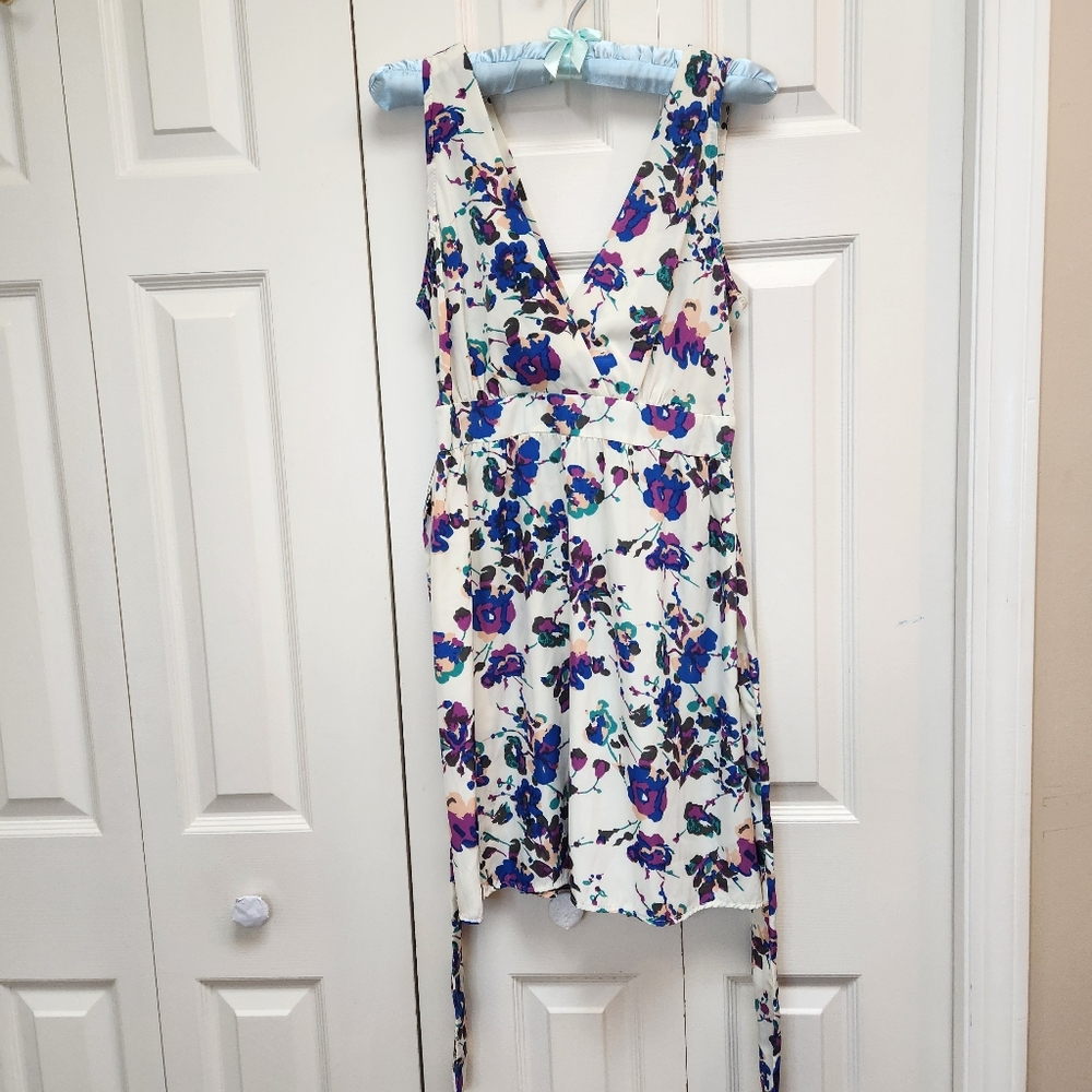 [L] Tea n Rose Floral Sleeveless Sundress Size Large Purple & Blue on White‎